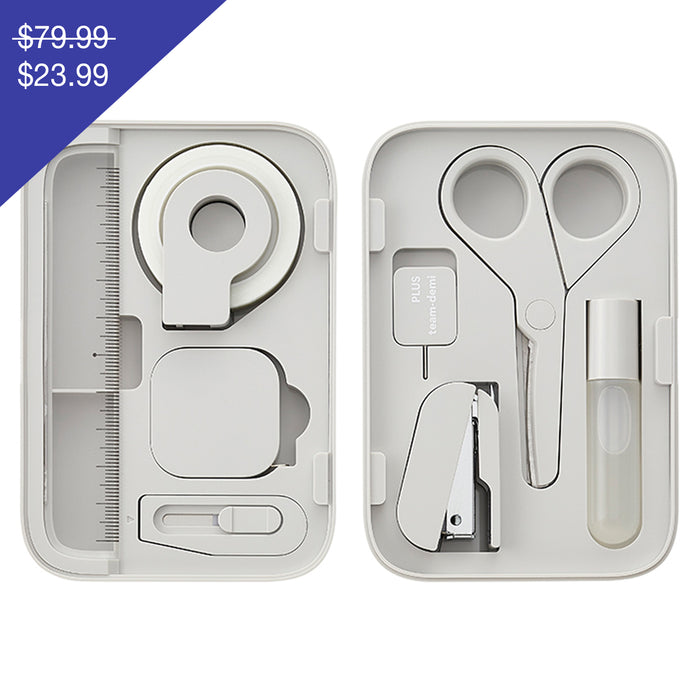 PLUS Portable Desk Gift Set 8-piece magnetic case White contents displayed