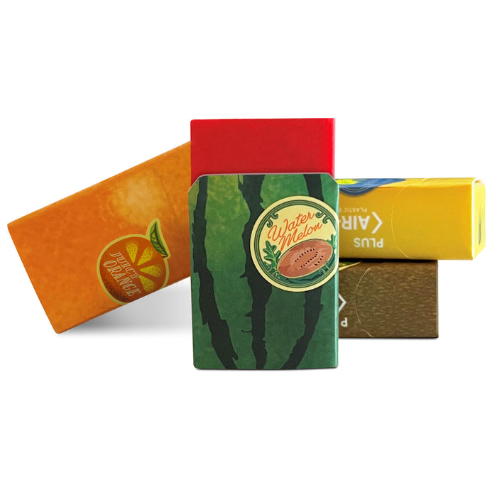 Four Air-In erasers displayed: watermelon, orange, banana, kiwi