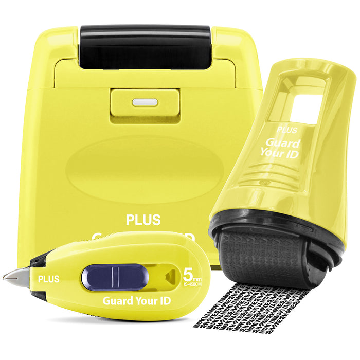 yellow Guard Your ID Defender kit showing wide, advanced X, and camo mini privacy rollers