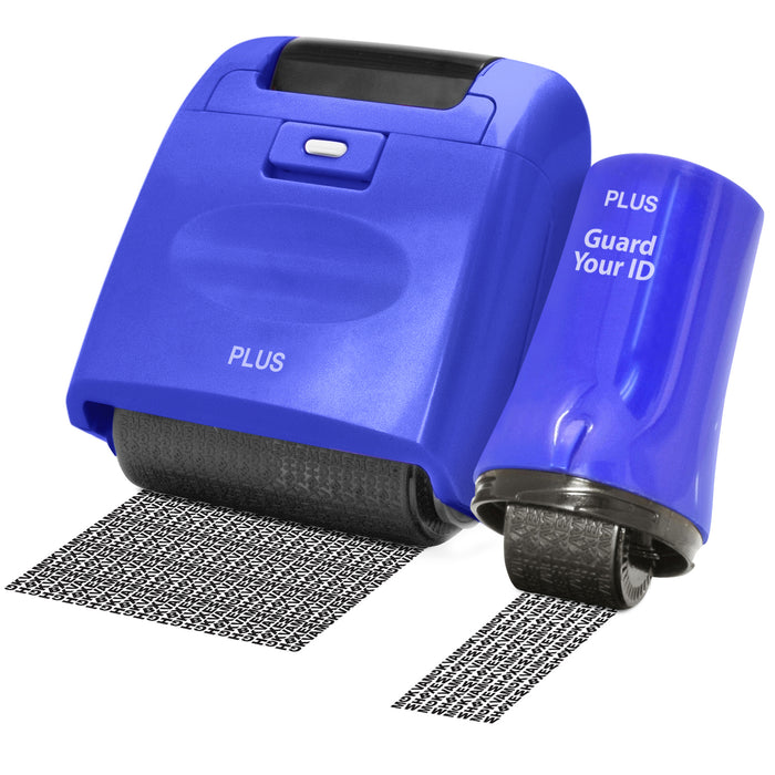 A blue Guard Your ID roller security kit with an extra wide roller, along with its cap and ink pattern.