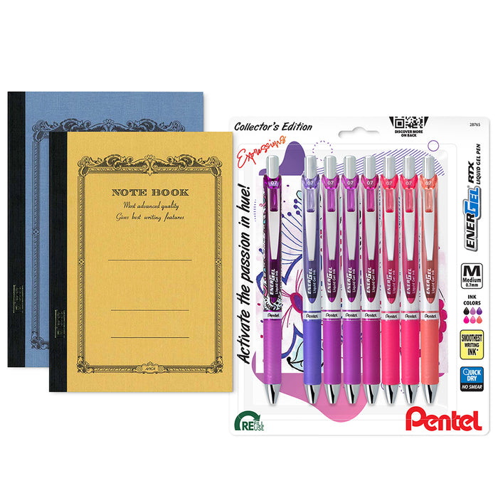 Eight EnerGel RTX gel pens arranged next to two A6 Apica Nippon notebooks