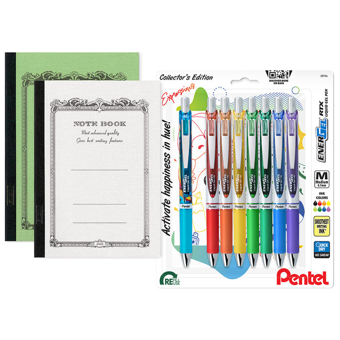 Eight EnerGel RTX gel pens arranged next to two A6 Apica Nippon notebooks