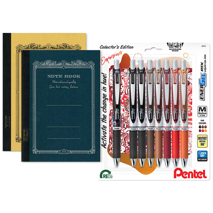 Eight EnerGel RTX gel pens arranged next to two A6 Apica Nippon notebooks