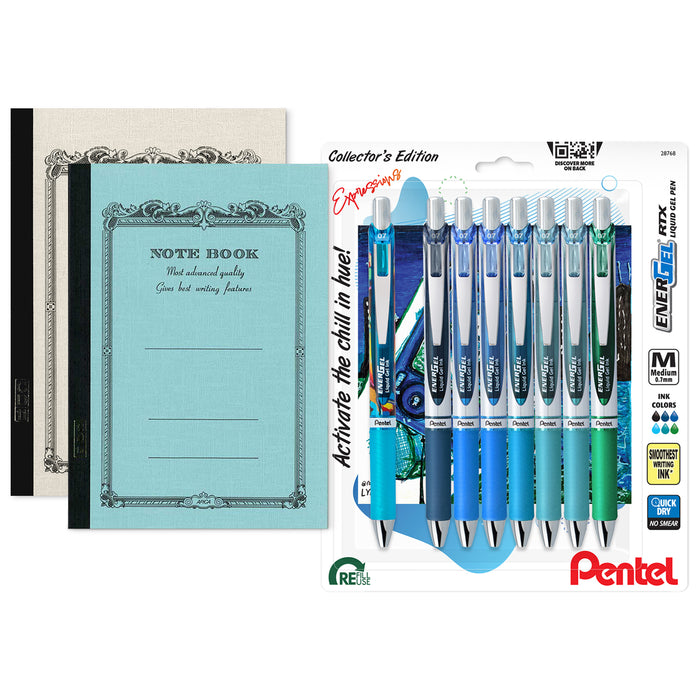 Eight EnerGel RTX gel pens arranged next to two A6 Apica Nippon notebooks