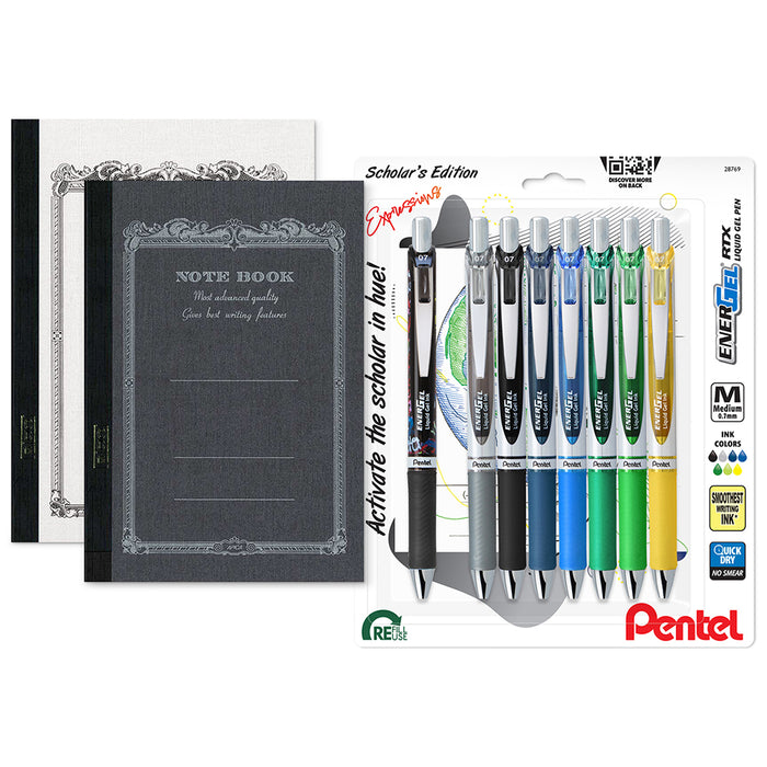 Eight EnerGel RTX gel pens arranged next to two A6 Apica Nippon notebooks