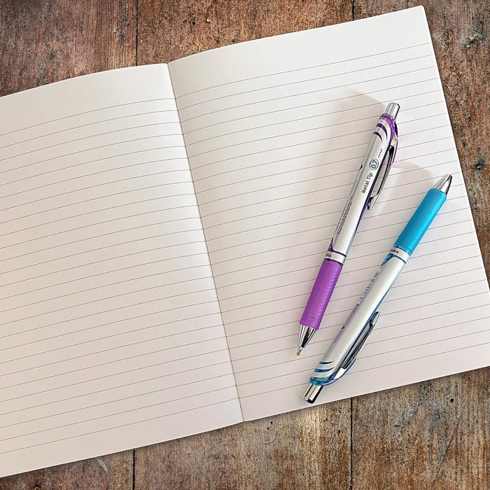 Eight EnerGel RTX gel pens arranged next to two A6 Apica Nippon notebooks