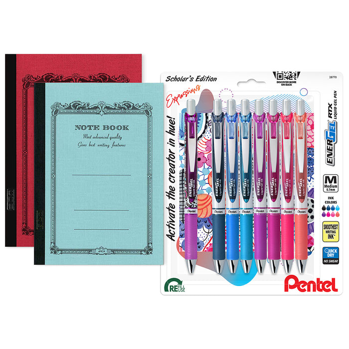 Eight EnerGel RTX gel pens arranged next to two A6 Apica Nippon notebooks