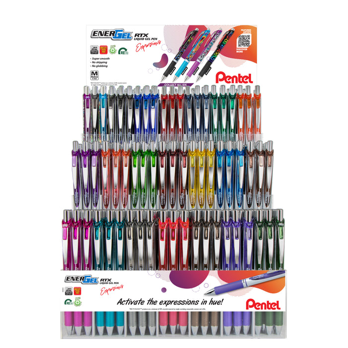 Pentel Energel RTX Liquid Gel Pen, (0.7mm) Expressions Mix, Med. Line, Assorted Ink, 252 Pieces - 20 Color Display 252 Pieces