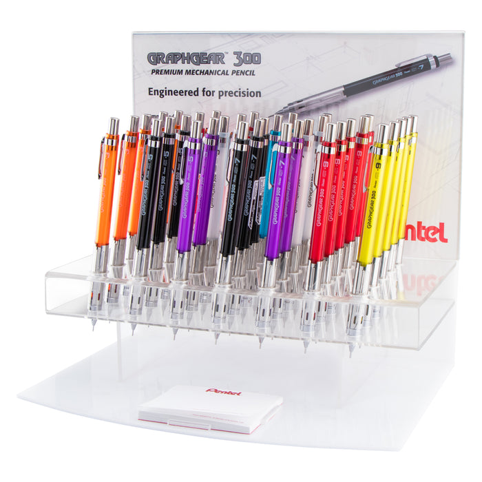 Pentel GraphGear 300 Mechanical Pencil, (0.5/0.7/0.9mm) Fine/Medium/Thick line, Assorted Barrels, Open Stock Display, 35 Pieces