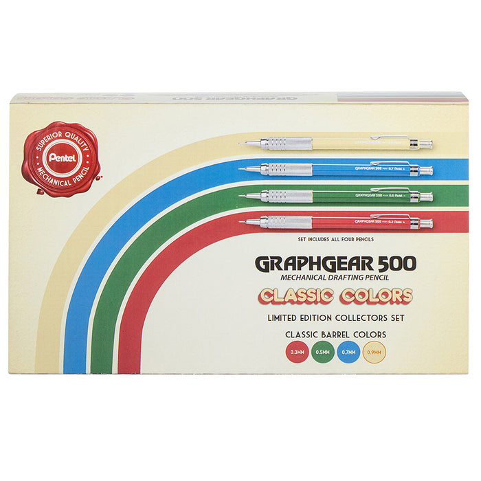 Limited Edition GraphGear 500 pencil set with four pencils in beige, blue, green, and red
