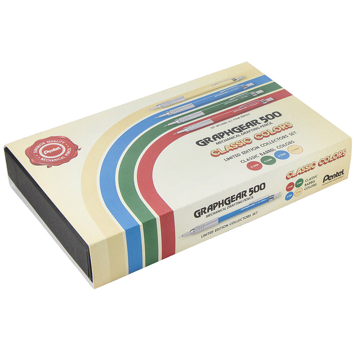 Limited Edition GraphGear 500 pencil set with four pencils in beige, blue, green, and red