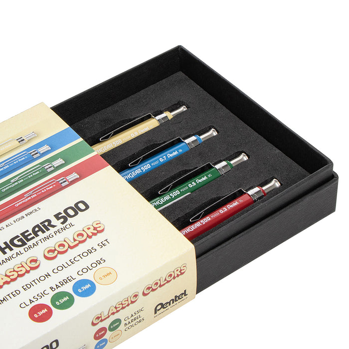 Limited Edition GraphGear 500 pencil set with four pencils in beige, blue, green, and red