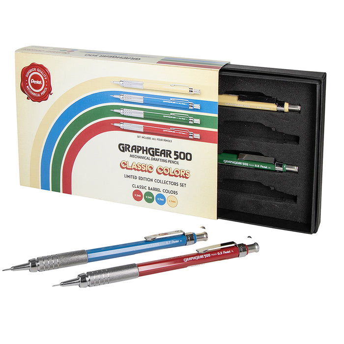 Limited Edition GraphGear 500 pencil set with four pencils in beige, blue, green, and red