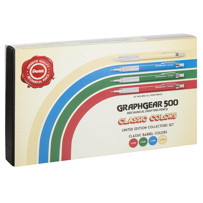 Limited Edition GraphGear 500 pencil set with four pencils in beige, blue, green, and red