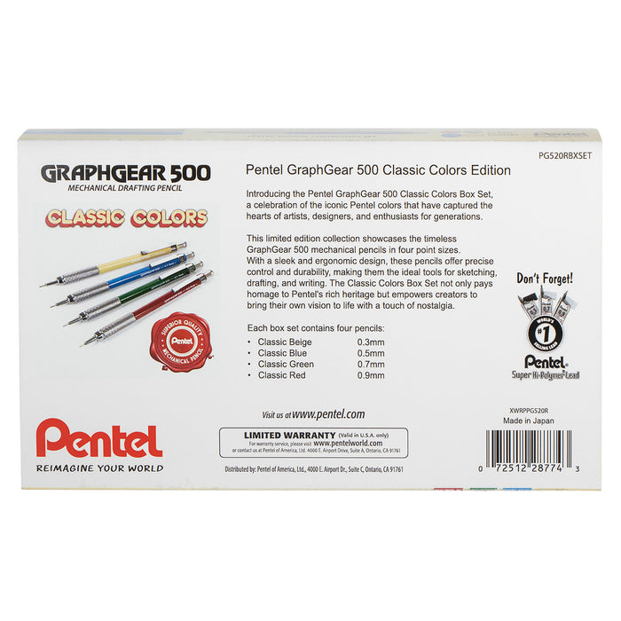 Limited Edition GraphGear 500 pencil set with four pencils in beige, blue, green, and red