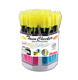 Pentel Twin Checker Dual-tip Highlighter, Chisel Tip, Assorted Colors, Spinner Display - 48 Pieces