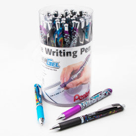 Pentel Energel RTX Liquid Gel Pen, (0.7mm) Medium Line, Black Ink - 36 Piece Canister with 3 impressions designs