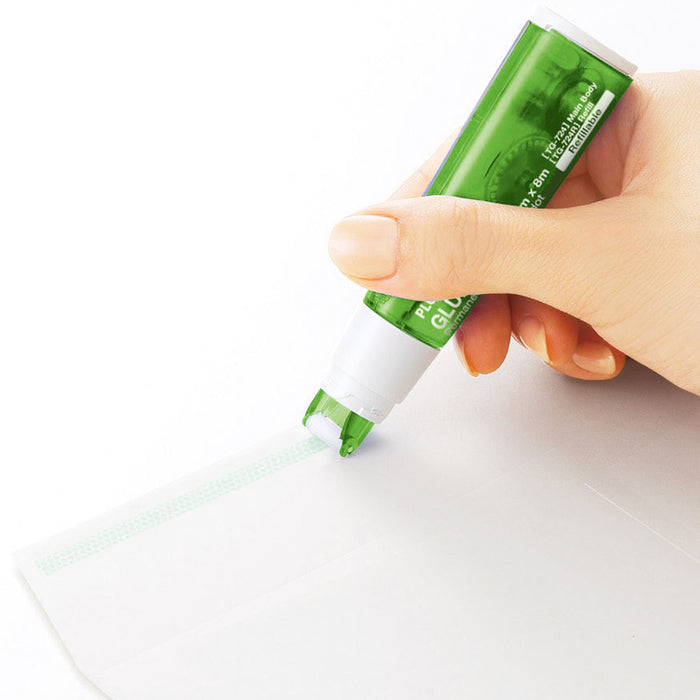 PLUS TG-724 extra-thin glue tape Green applicator applying narrow line