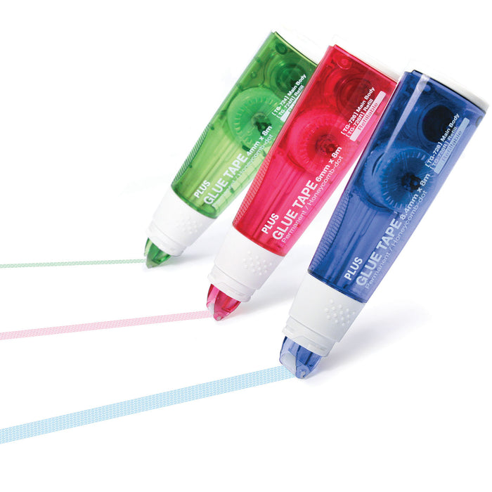 PLUS TG-724 extra-thin glue tape applicator applying narrow line to ribbon