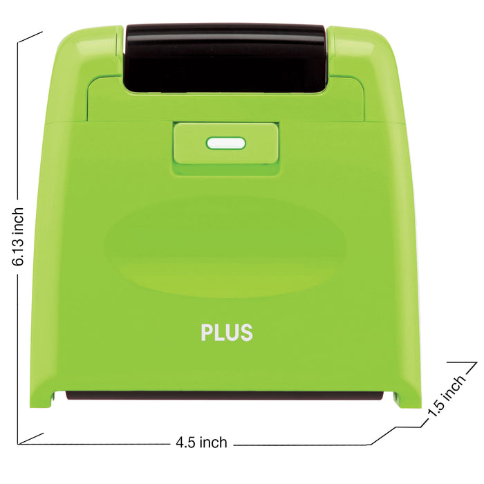 A green Guard Your ID roller security kit with an extra wide roller, along with its cap and ink pattern.