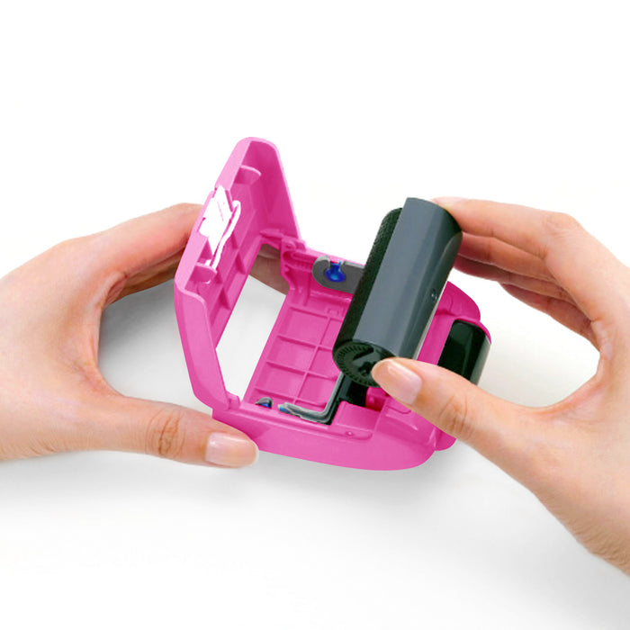 pink Guard Your ID Extra Wide Roller with Extra Refill, designed for covering text on documents with a unique pattern.