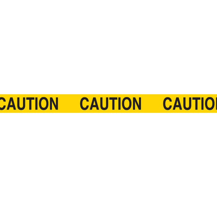 Close-up of caution patterned tape applied with Deco Tape applicator