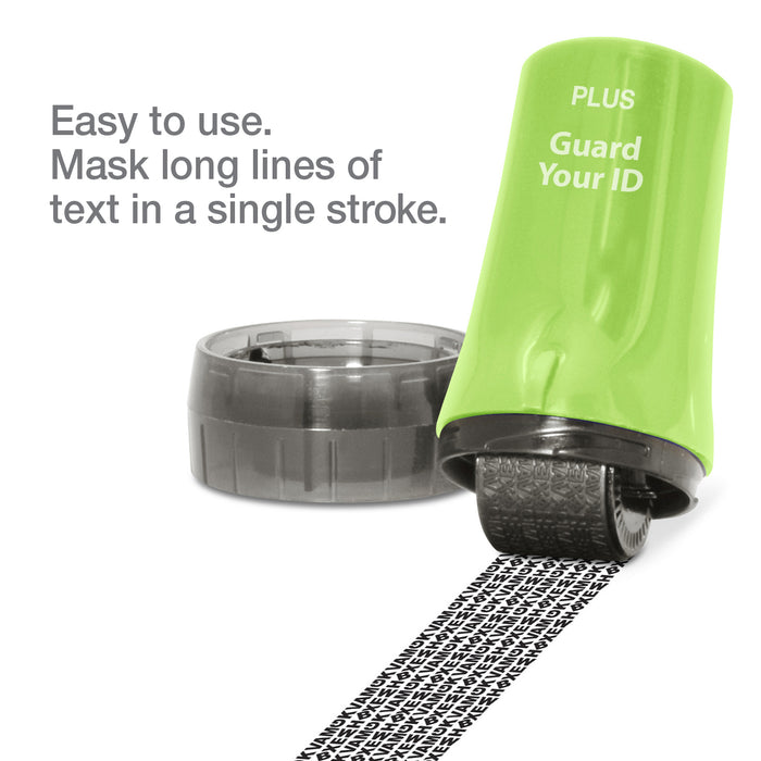 A green Guard Your ID roller security kit with an extra wide roller, along with its cap and ink pattern.