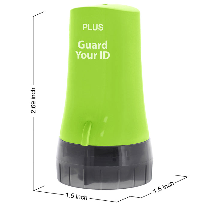 A green Guard Your ID roller security kit with an extra wide roller, along with its cap and ink pattern.