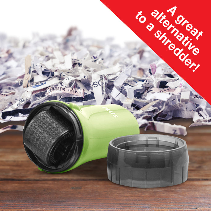 A green Guard Your ID roller security kit with an extra wide roller, along with its cap and ink pattern.