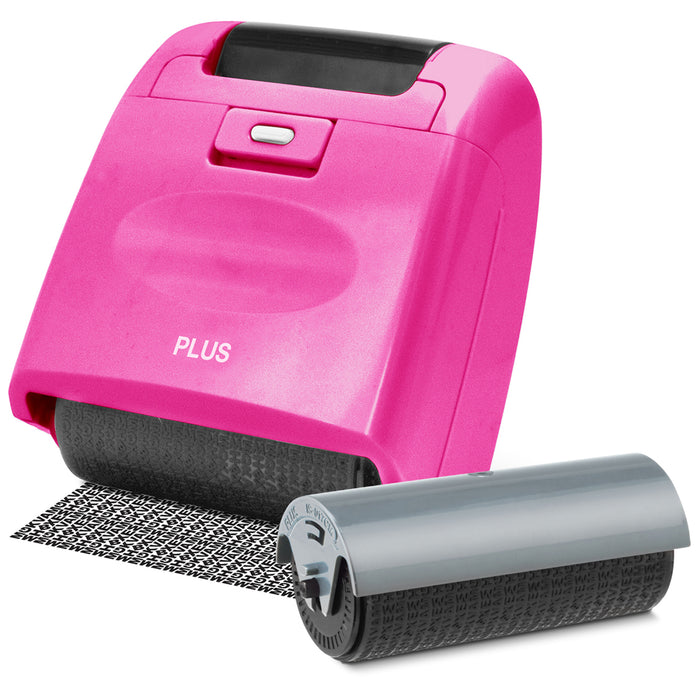 pink Guard Your ID Extra Wide Roller with Extra Refill, designed for covering text on documents with a unique pattern.