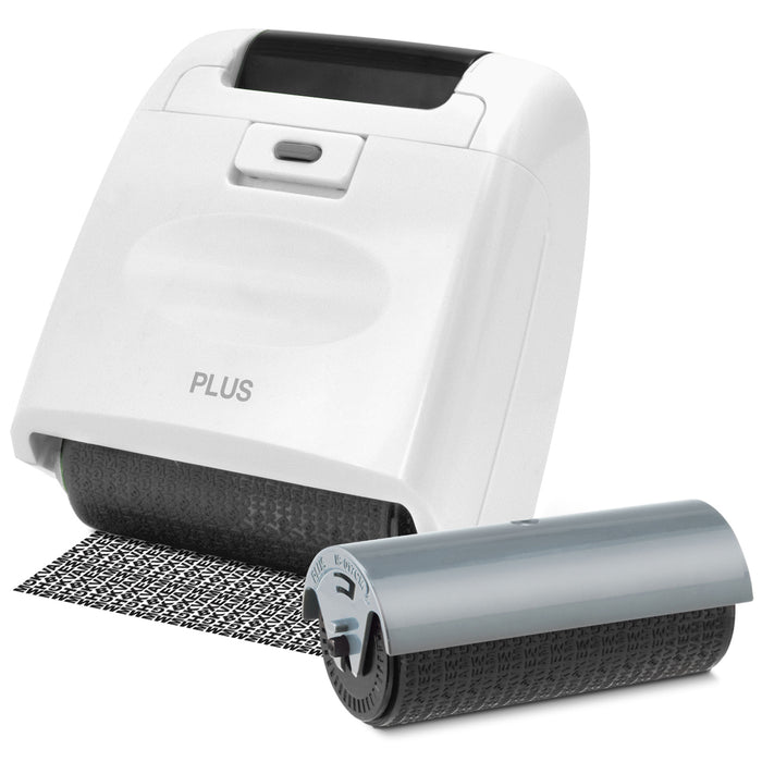 white Guard Your ID Extra Wide Roller with Extra Refill, designed for covering text on documents with a unique pattern.