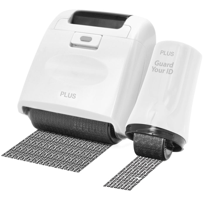 A white Guard Your ID roller security kit with an extra wide roller, along with its cap and ink pattern.