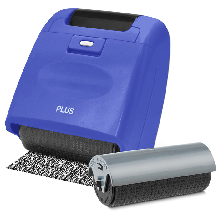 blue Guard Your ID Extra Wide Roller with Extra Refill, designed for covering text on documents with a unique pattern.