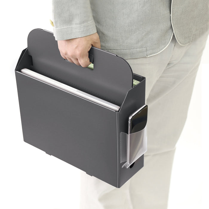 Carrying filled PLUS Folding Storage Carry Box in grey