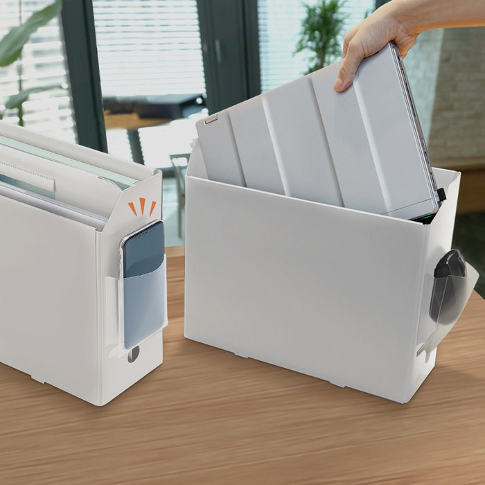 Front pocket holding a mobile phone in PLUS Storage Carry Box