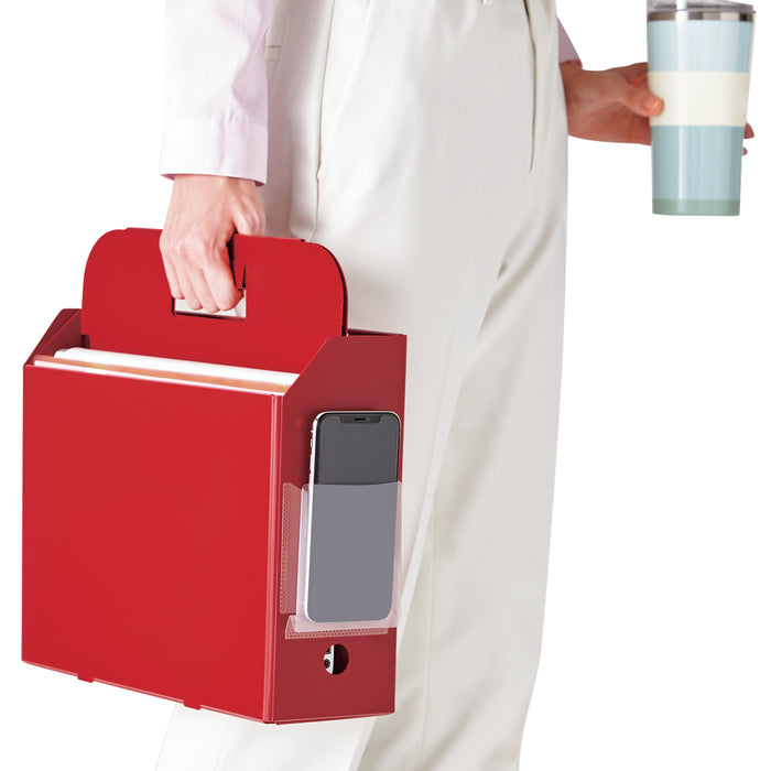 Carrying filled PLUS Folding Storage Carry Box in red