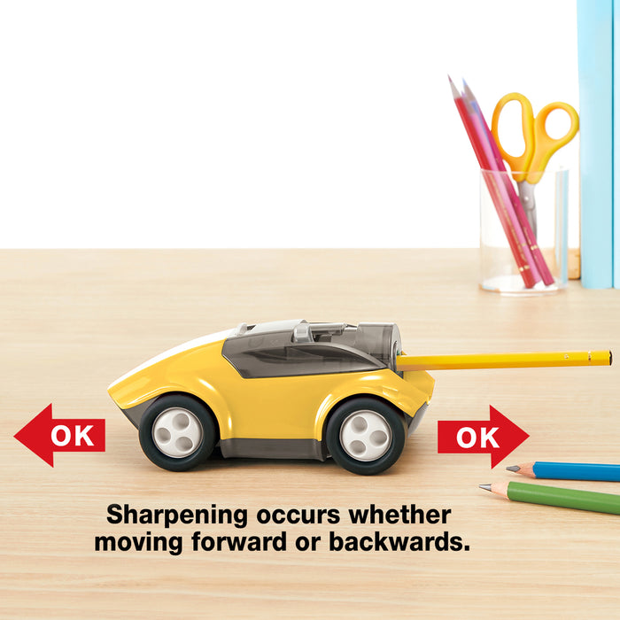 Yellow Car-shaped pencil sharpener FS-660 with pencil inserted