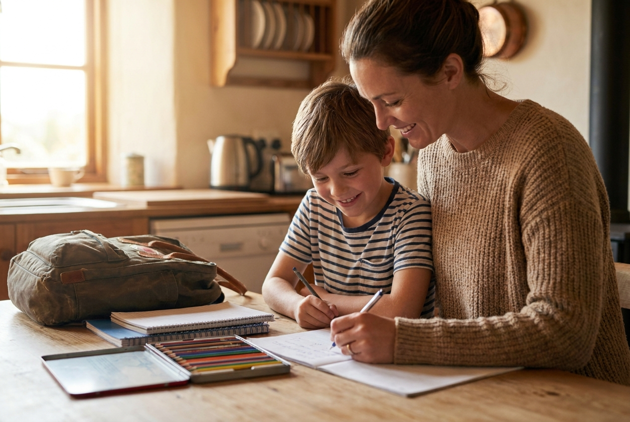 A parent and school-age child filling out back-to-school forms together at the kitchen table
