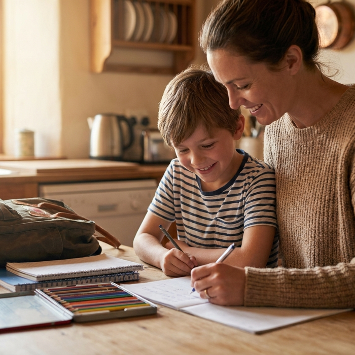 A parent and school-age child filling out back-to-school forms together at the kitchen table