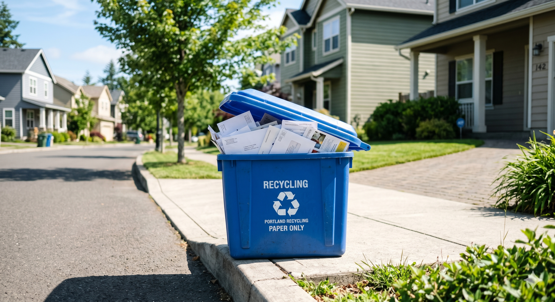 A standard blue residential recycling bin sitting at the curb on a suburban street, filled with loose, unshredded paper documents and financial mail