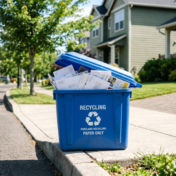 A standard blue residential recycling bin sitting at the curb on a suburban street, filled with loose, unshredded paper documents and financial mail