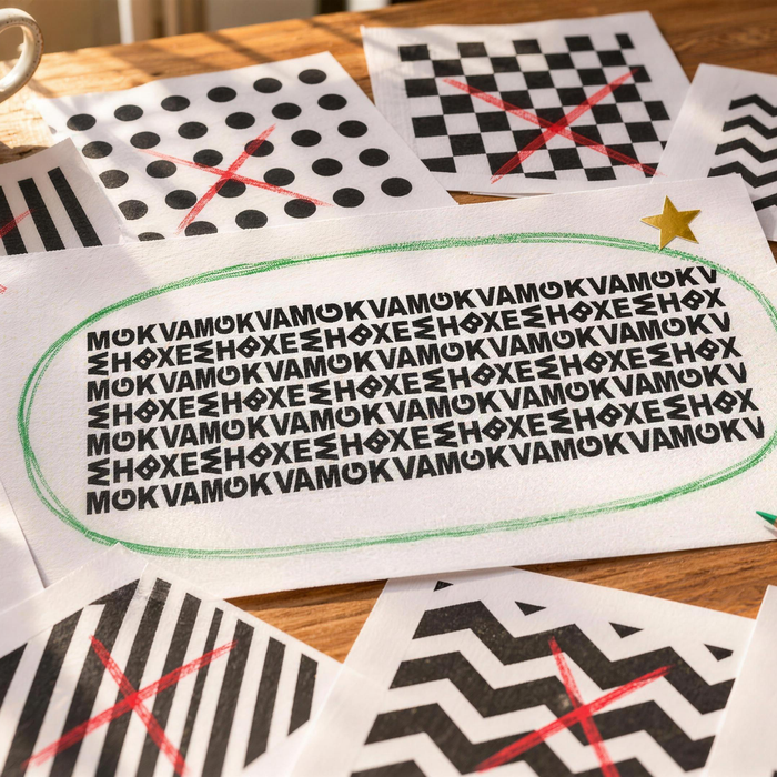 Rejected test patterns marked with red X's surround the winning Guard Your ID letter pattern, circled in green on a sunlit design desk