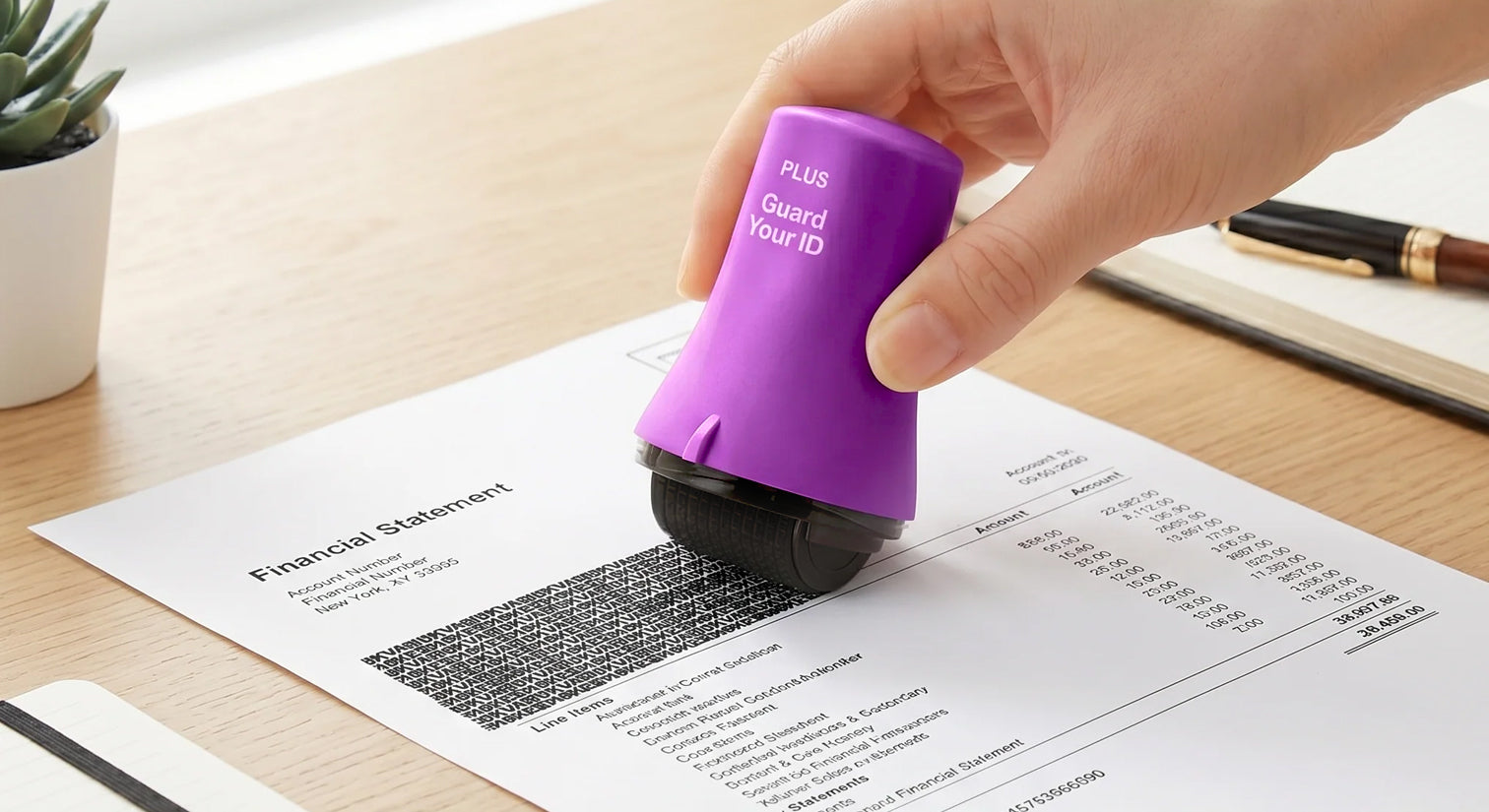 A hand rolls a Guard Your ID Advanced Roller across a statement, masking the account details with a patented letter pattern