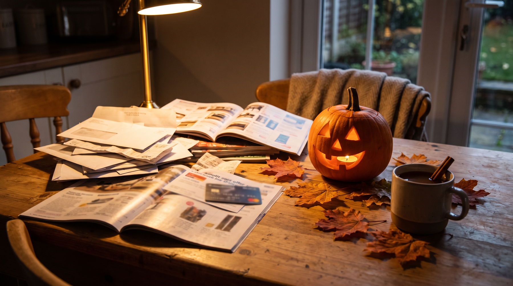 A pile of discarded mail and a credit card offer on a wooden table beside a glowing jack-o'-lantern and autumn leaves