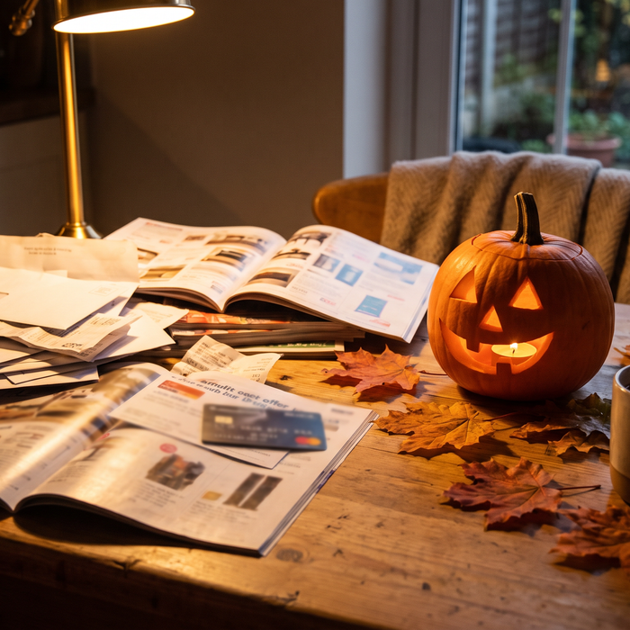 A pile of discarded mail and a credit card offer on a wooden table beside a glowing jack-o'-lantern and autumn leaves