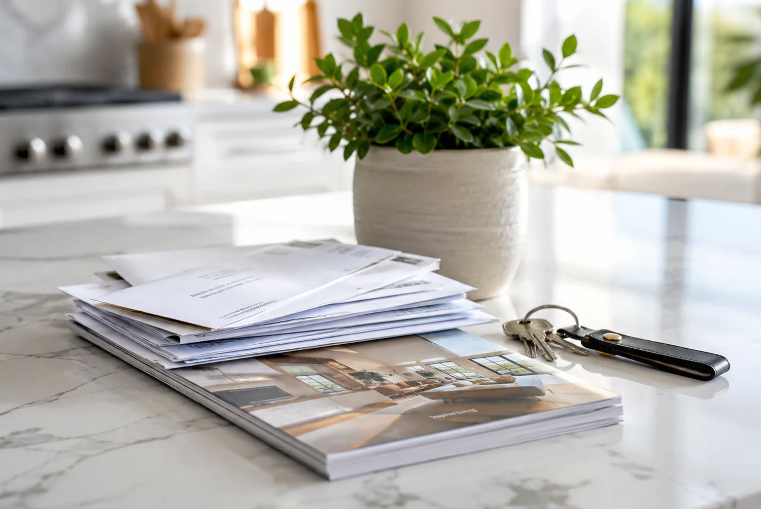 Mail piling up on a kitchen counter — bills, junk mail, and envelopes containing personal information
