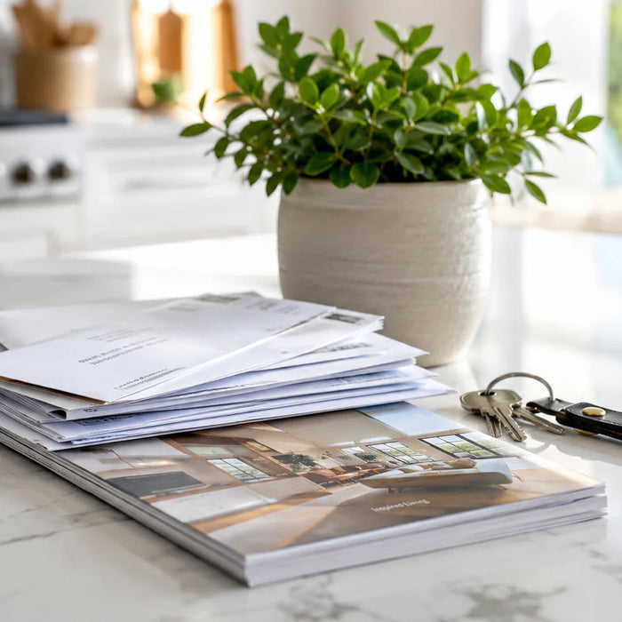 Mail piling up on a kitchen counter — bills, junk mail, and envelopes containing personal information