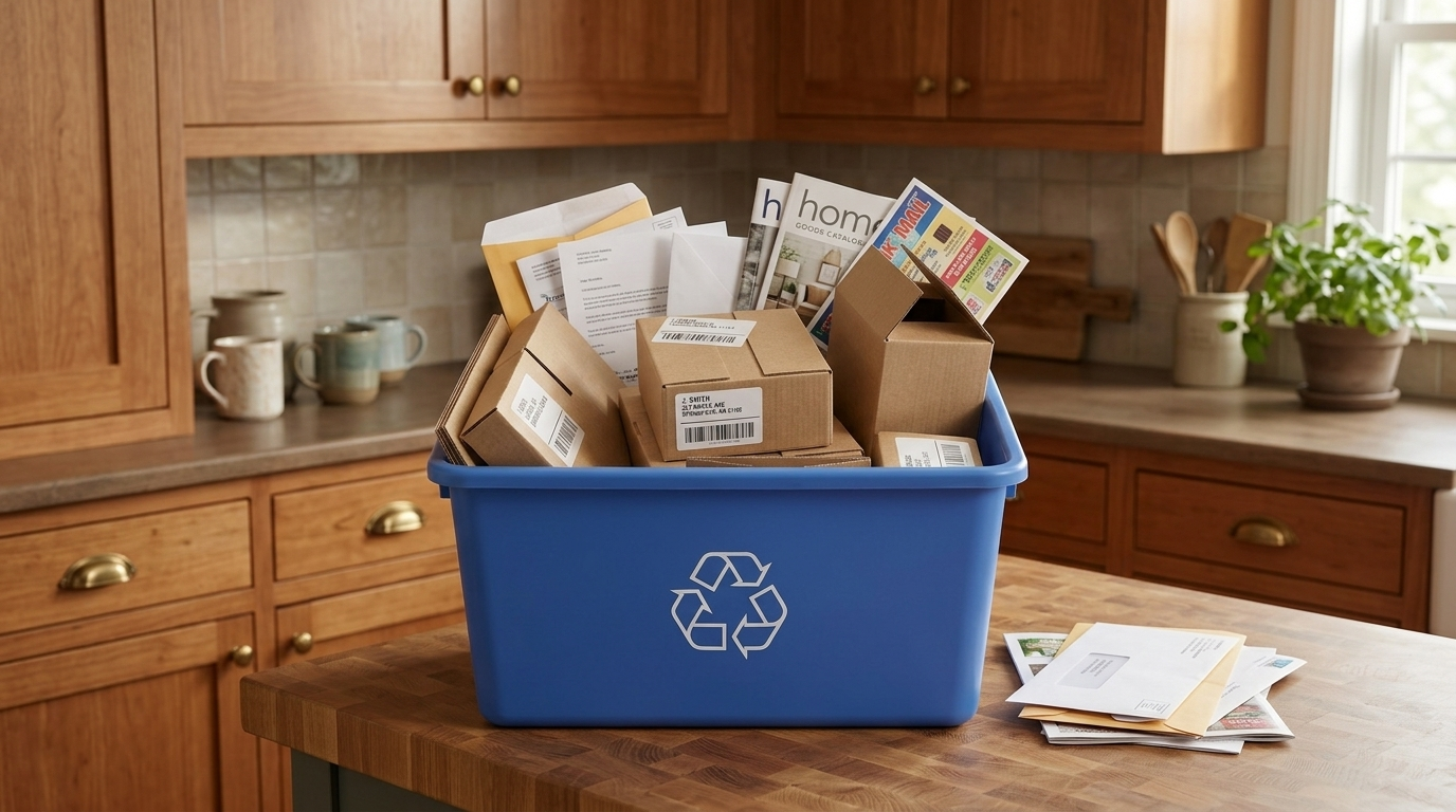 A kitchen recycling bin filled with delivery boxes showing shipping labels, plus opened mail, a magazine and catalogs