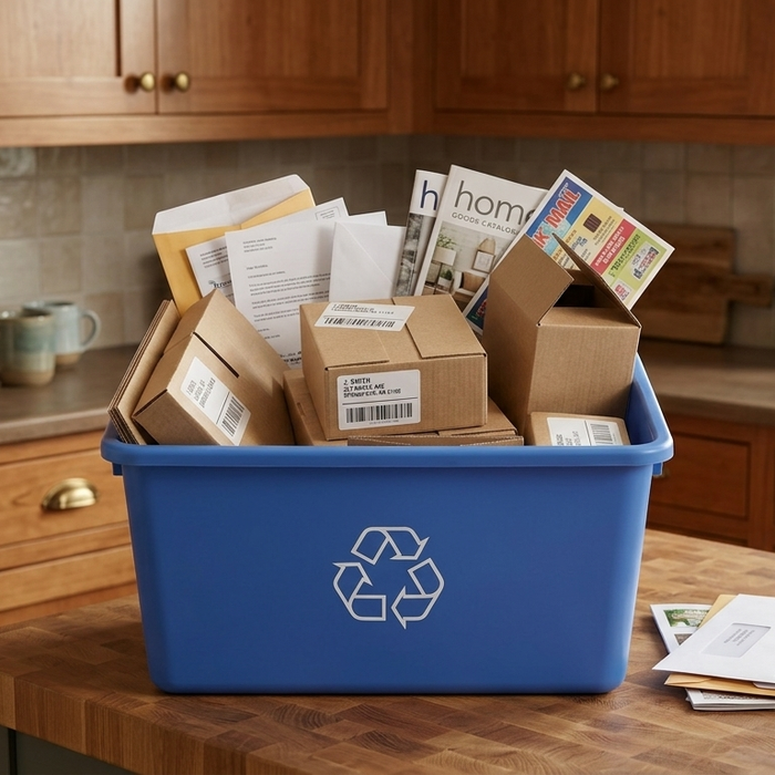 A kitchen recycling bin filled with delivery boxes showing shipping labels, plus opened mail, a magazine and catalogs