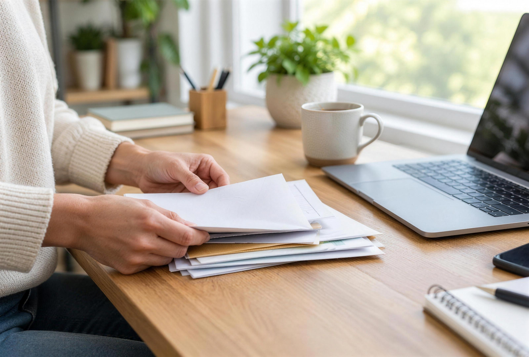 A person organizing printed documents and mail at a tidy home-office desk